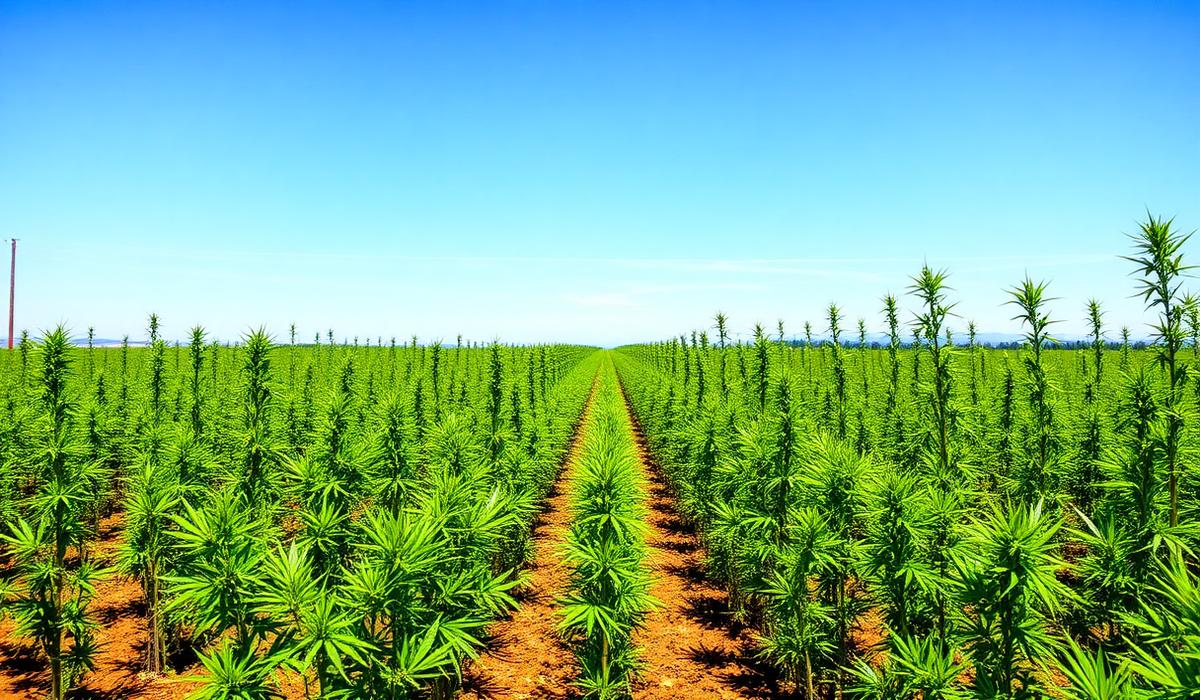 Rows of tall hemp plants growing on a regenerative farm under a blue sky