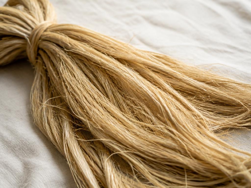 Long golden hemp bast fibers bundled together