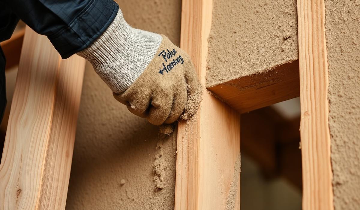 Builder applying hempcrete mix into a timber frame wall