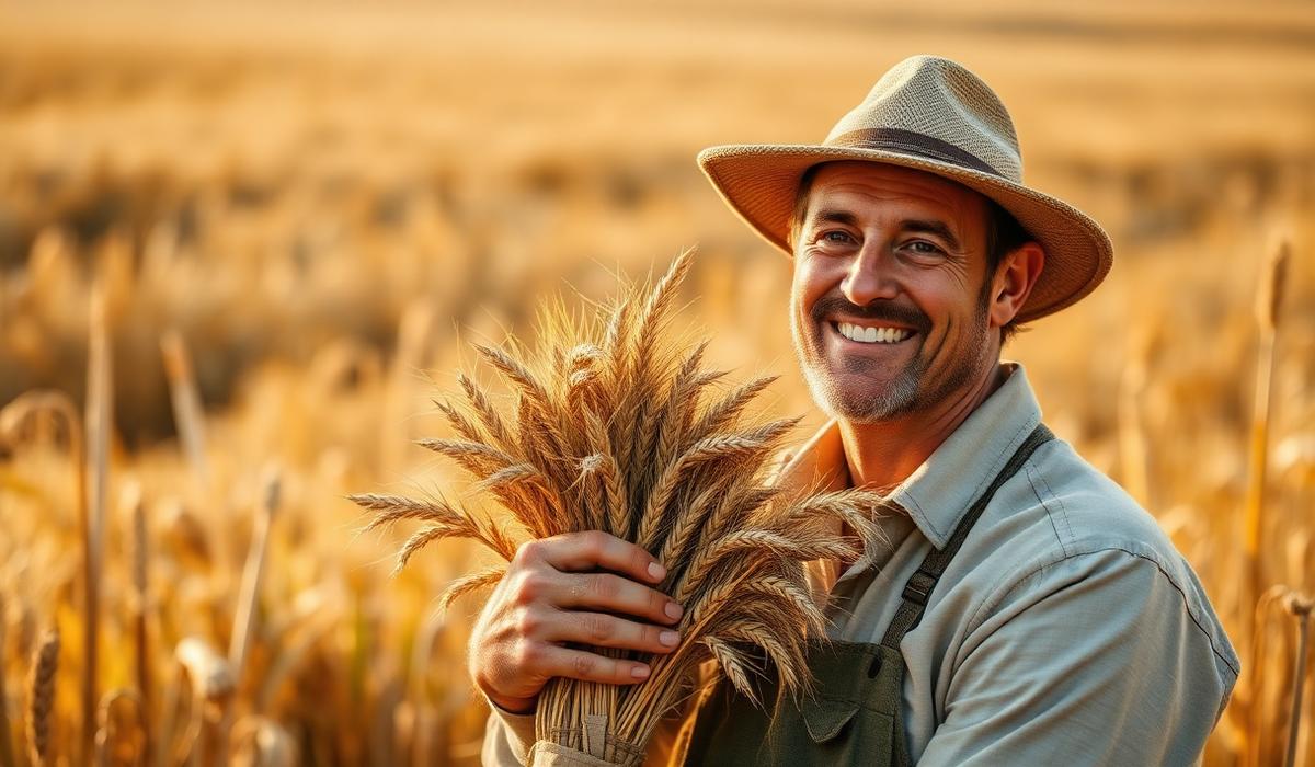 A farmer holding harvested hemp stalks in a golden field