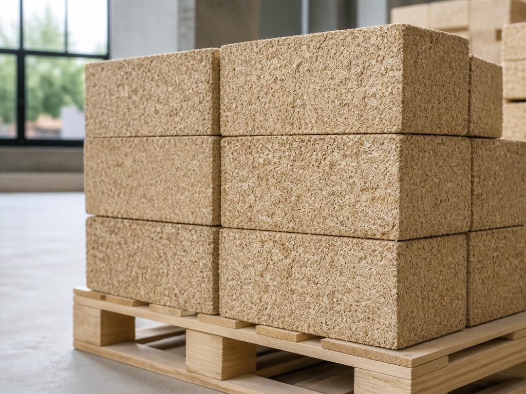 Prefabricated hempcrete blocks stacked on a pallet as a ready-to-lay wall alternative