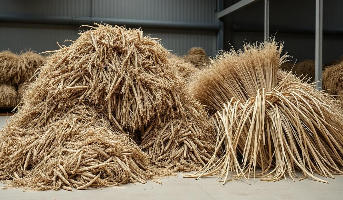 Bundles of raw hemp stalks and hurd in a natural materials processing facility
