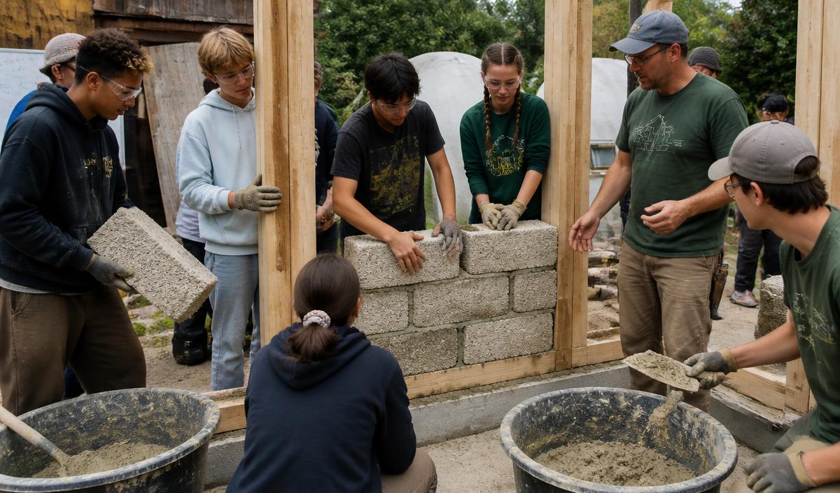 Young students learning to build a classroom wall with hempcrete blocks