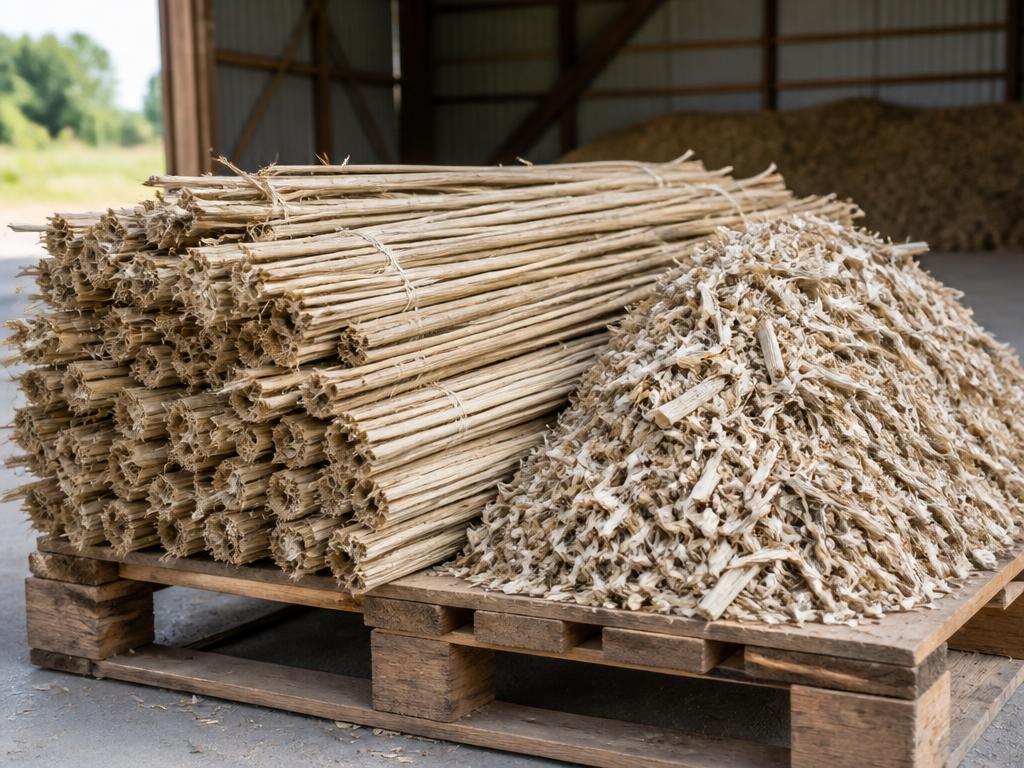 Raw hemp stalks and shives on a wooden pallet